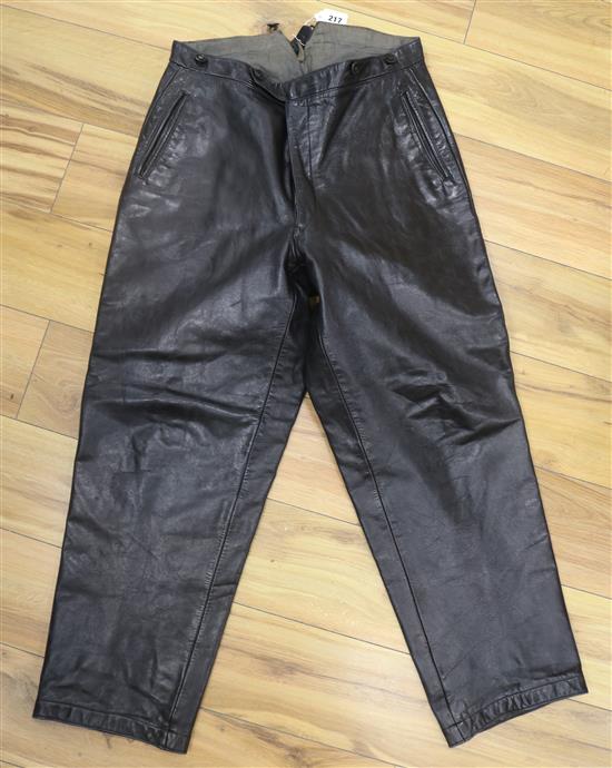 A pair of World War II black leather u-boat trousers